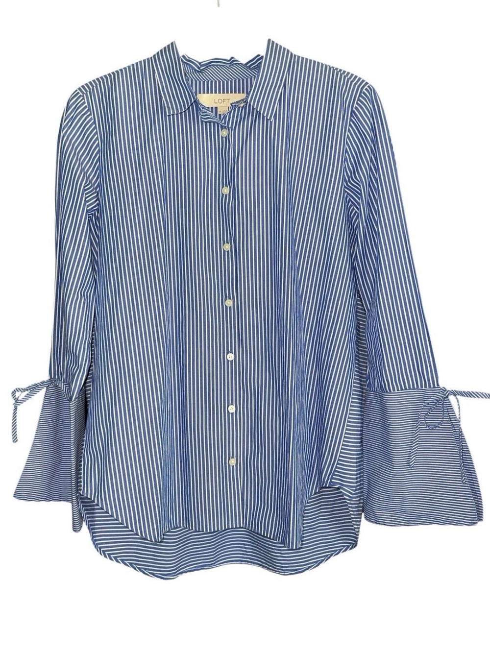 Loft Women’s Blue Striped Long Sleeve Top with Bell Sleeves, Petite Medium
